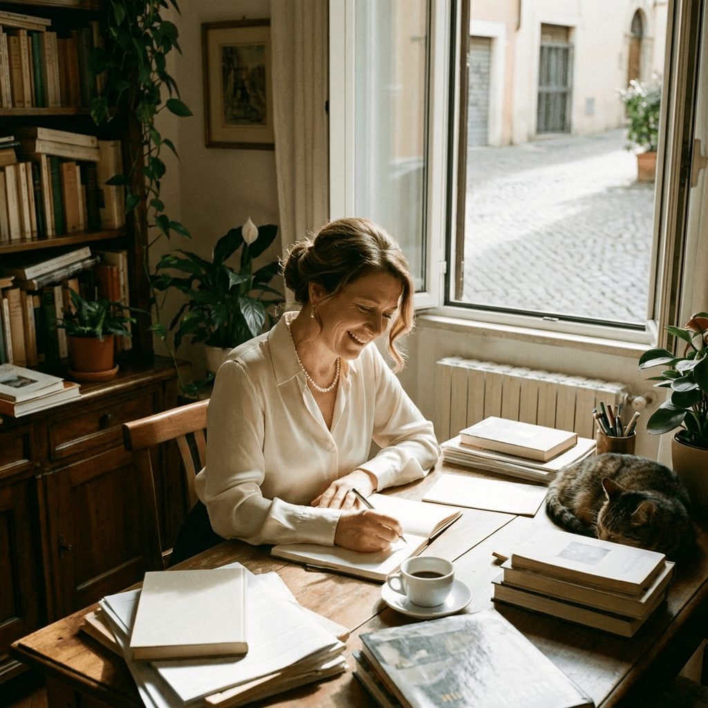 Woman laughing while writing at a desk with books and a sleeping cat.