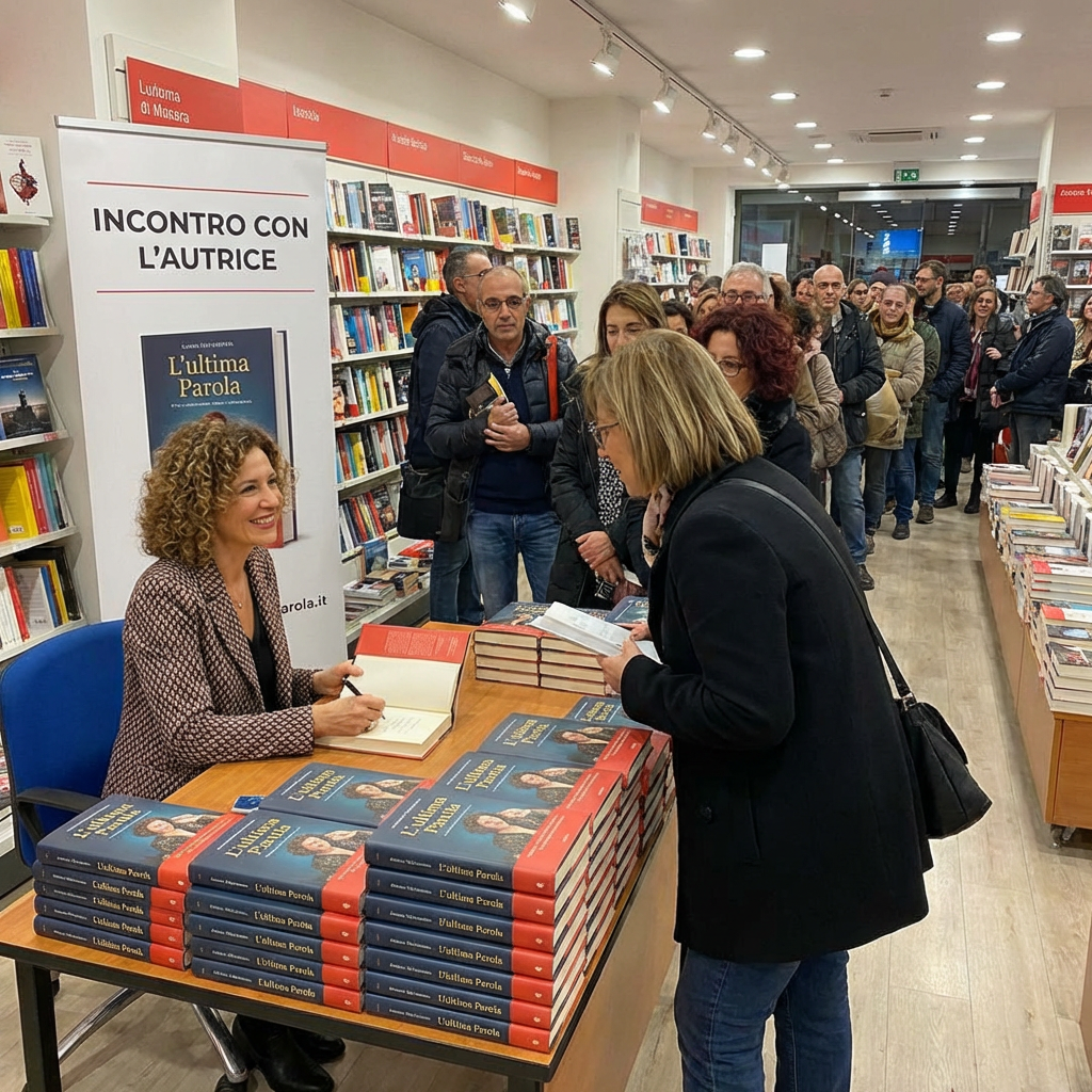 Author signing copies of L'ultima Parola beside a sign reading INCONTRO CON L'AUTRICE.