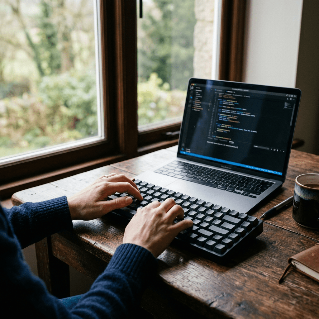 Hands typing on an external keyboard with a laptop showing programming code on screen